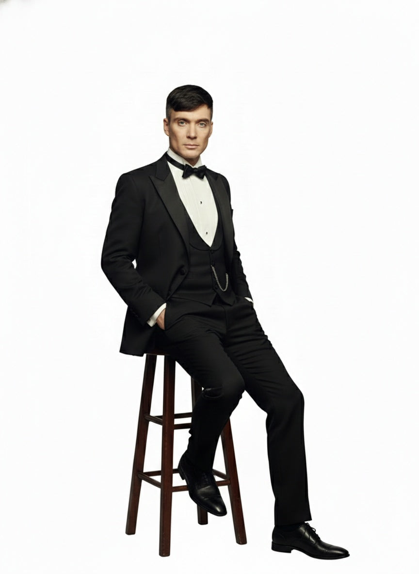 Men’s Black Peaky Blinders Style Three-Piece Tuxedo Suit – Classic Formal Suit with Blazer and Waistcoat Peak Lapel 1920s Style