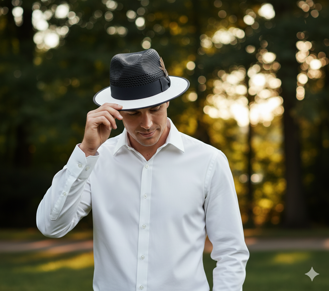 Men’s Two-Tone Black and White Fedora Hat with Feather Accent – Stylish Summer Dress Hat