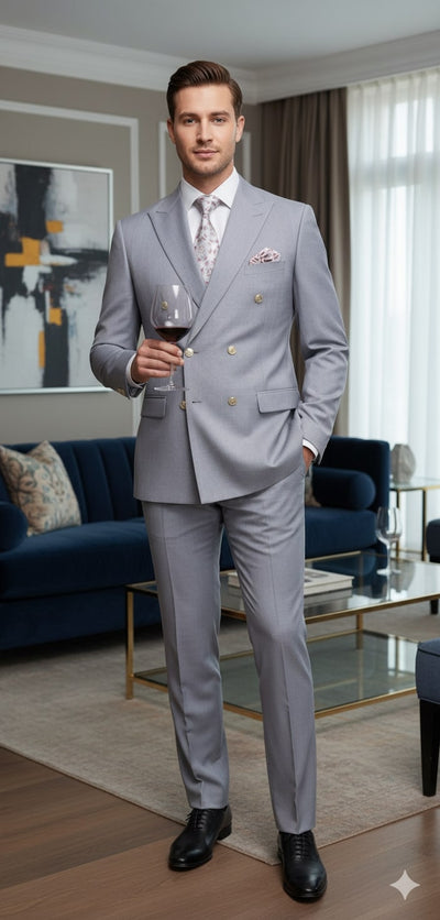 Mens Silver Grey Double-Breasted 3-Piece Suit – Classic Tailored Fit with Peak Lapel and Gold Buttons for Weddings, Church and Formal Events 5   - from alligatorwarehouse.com