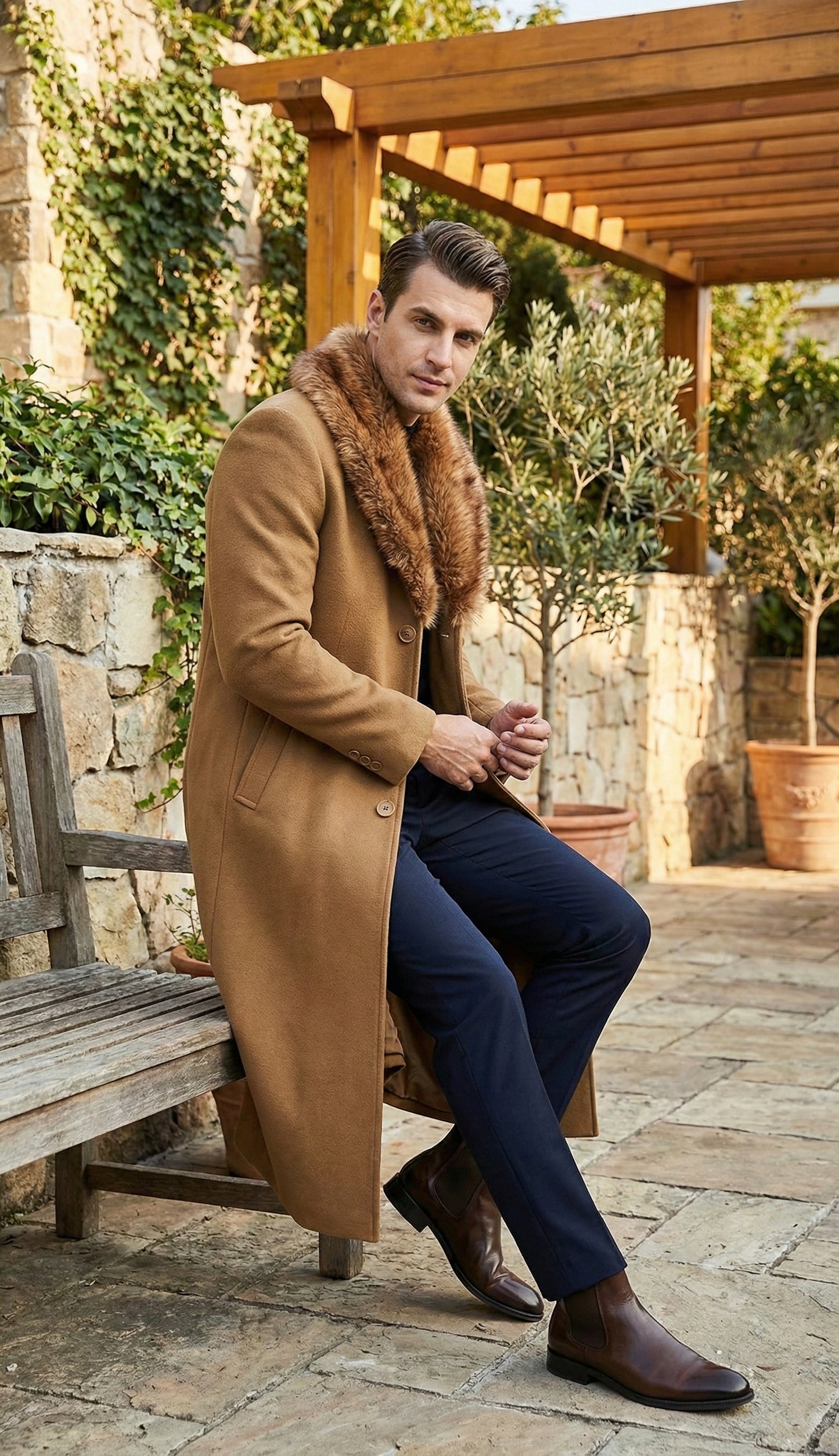 Men's Camel Brown Long Overcoat with Faux Fur Collar, Classic Winter Topcoat for Formal and Business Wear
