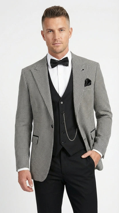 Men’s Black and White Houndstooth Gatsby Inspired Suit – Vintage Style Formal Suit for Wedding, Prom and Classic Events Blazer + Black vest + Black Pants