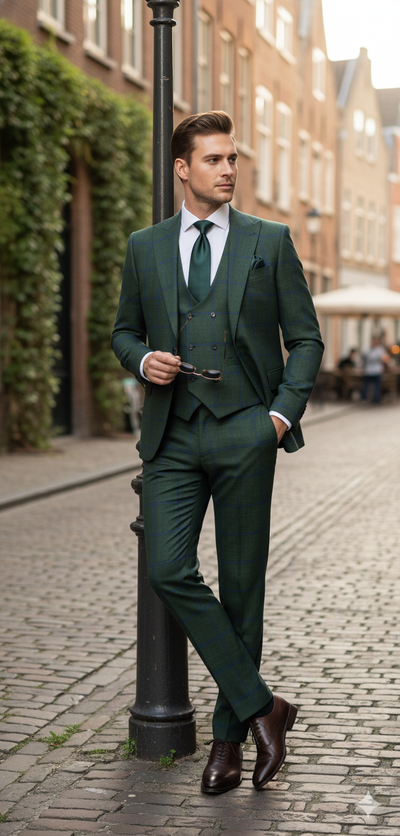 Men’s Green Plaid 3-Piece Suit – Classic Check Slim Fit Suit for Weddings, Church, and Formal By Rossiman 4   - from alligatorwarehouse.com