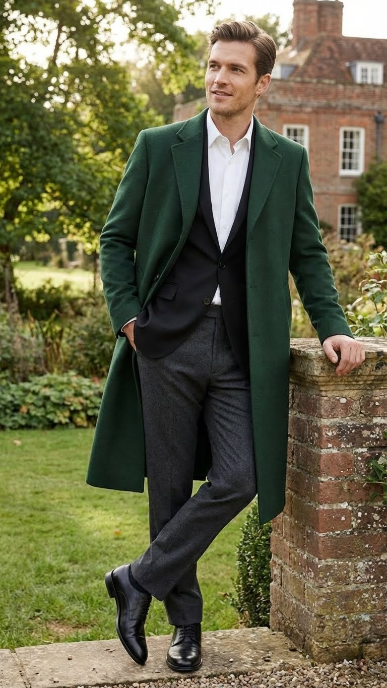 Men’s Hunter Green Full-Length Wool Overcoat – Classic Winter Dress Coat for Formal and Casual Wear Topcoat Mens Wintercoat