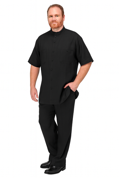 Men’s Black Banded Collar Walking Suit – Short Sleeve Shirt and Matching Pants Banded Collar Linen Fabric 5   - from alligatorwarehouse.com