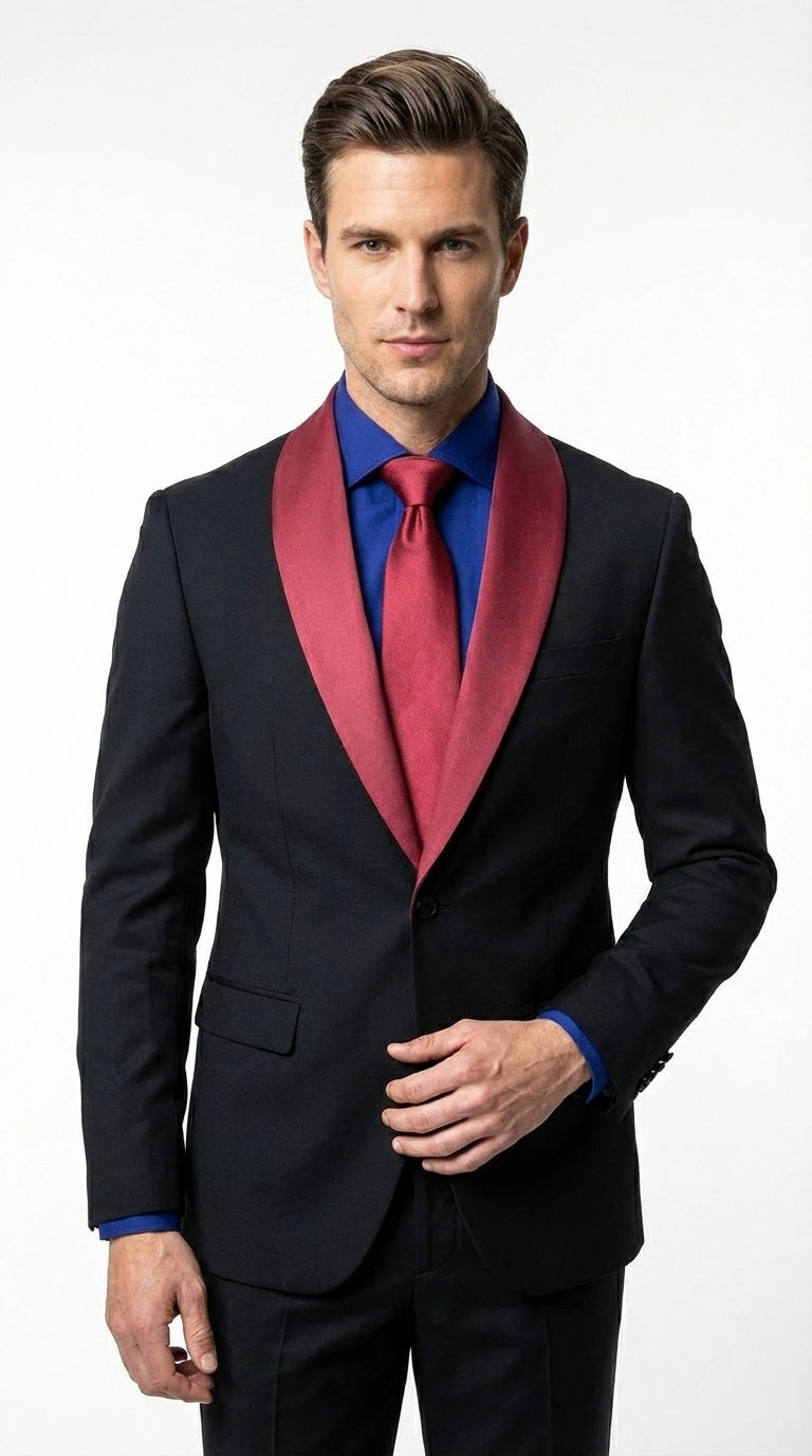 Men’s Black Suit with Burgundy Shawl Lapel –  Formal Tuxedo Suit for Wedding, Prom and Evening Events + Bowtie & Tie