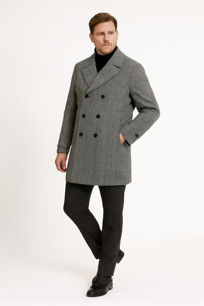 Mens Grey Plaid Double-Breasted Overcoat with Black Faux Fur Collar – Classic Winter Peacoat 5   - from alligatorwarehouse.com