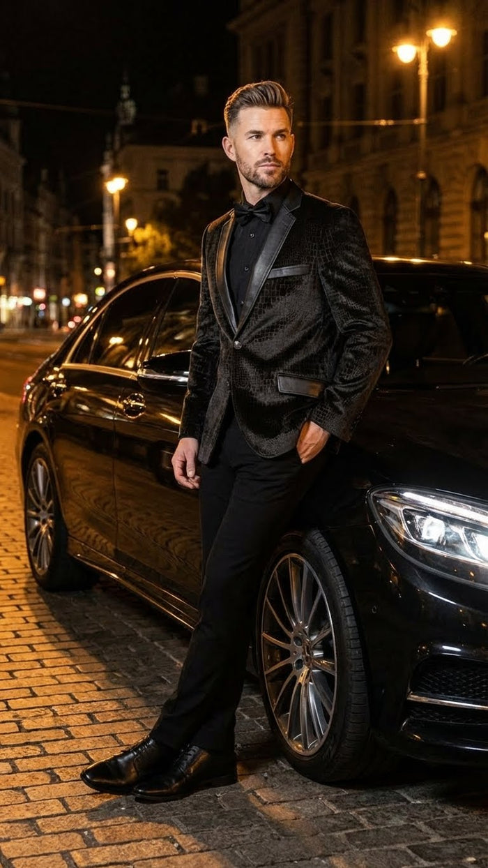 Men’s Crocodile Alligator Exotic skin Texture Blazer – Slim Fit Designer Jacket with Satin Lapels for Formal and Party Wear in Black Color