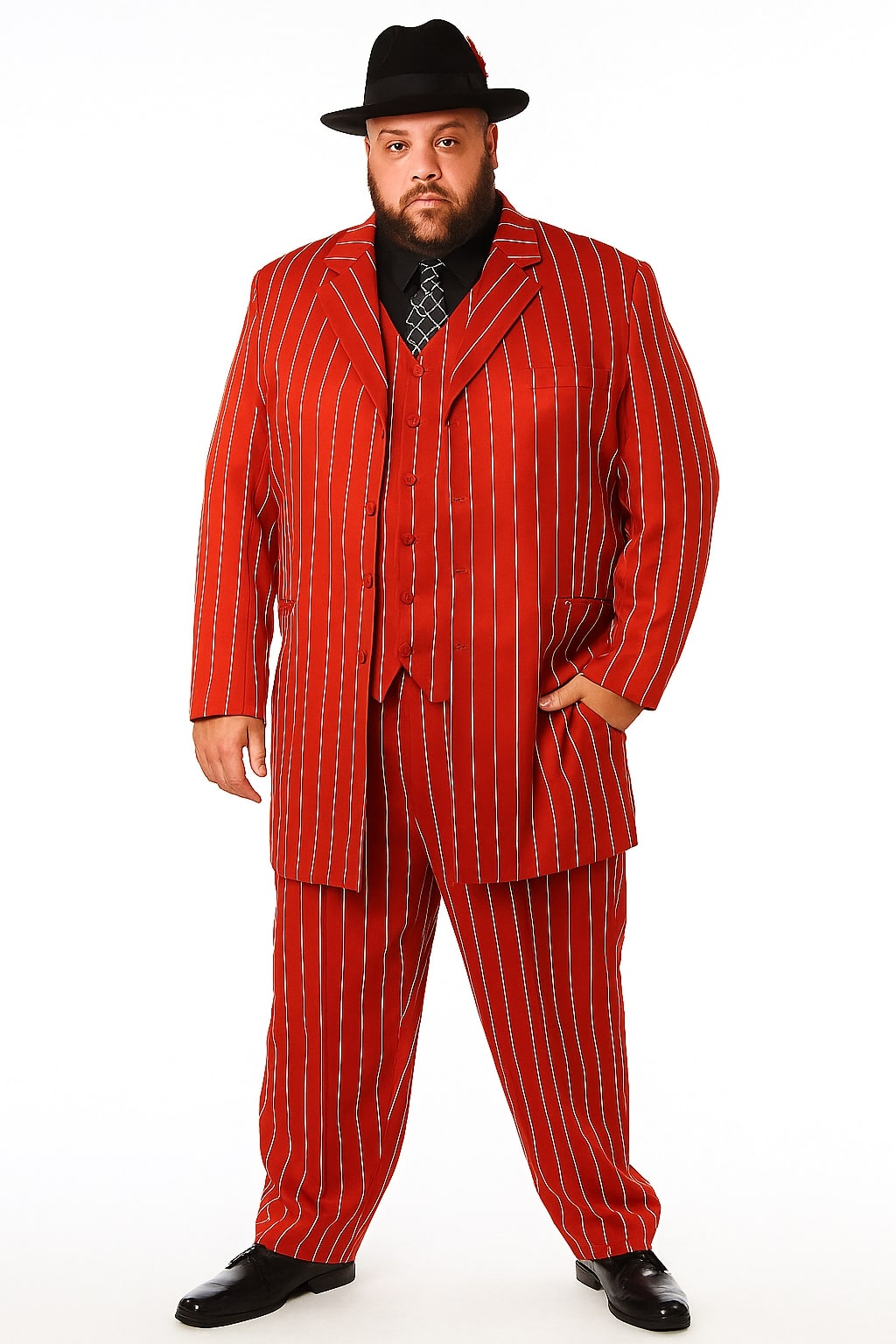 Men’s Red Pinstripe Zoot Suit – 1920s Gangster Pimp Style with Long Jacket & Matching Hat
