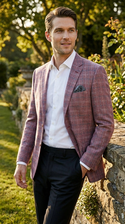 Mens Dusty Rose Mauve Pink with Tint of Blue Plaid Sport Coat Blazer – Classic Check Pattern Casual Blazer Jacket for Business Casual, Wedding