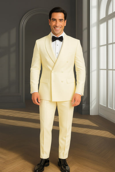 Mens Off-White Double Breasted Tuxedo Jacket with Shawl Lapel | Formal Wedding Suit in Ivory Cream Color 5   - from alligatorwarehouse.com