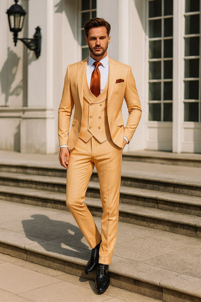 Mens Peach 3-Piece Suit – Double-Breasted Vest, Notch Lapel Blazer, Slim Fit Dress Pants 5   - from alligatorwarehouse.com