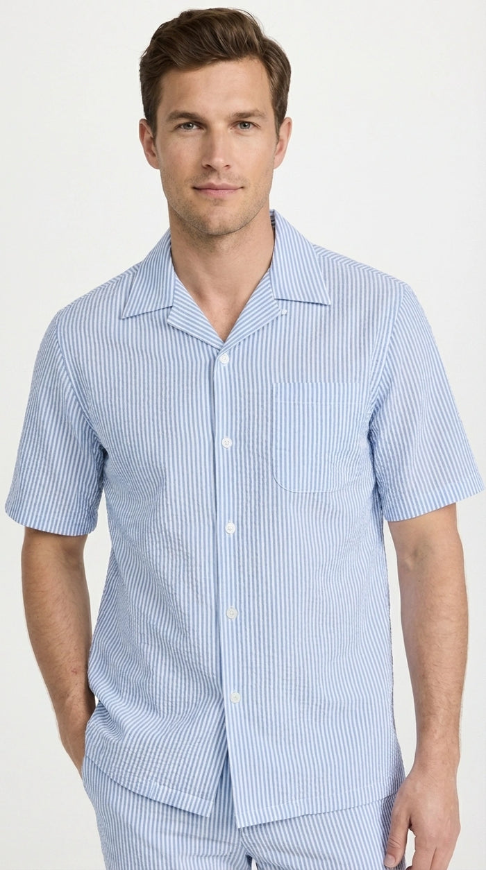 Mens Light Blue Seersucker Walking Suit Set – Casual Summer Short Sleeve Outfit with Matching Pants Lightweight Two Piece Set