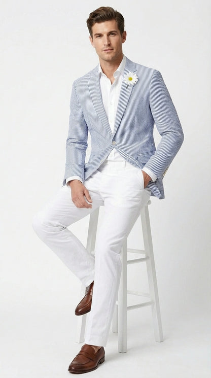 Mens Blue Seersucker Blazer – Lightweight Striped Summer Sport Coat Casual Smart Formal Jacket