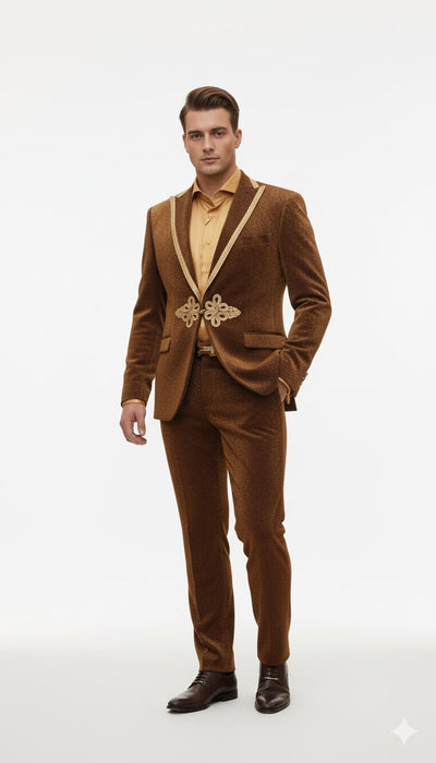 Mens Bronze Shiny Velvet Suit – Designer Party and Wedding Wear Blazer and Pant Set Brown and Gold Tuxedo 5   - from alligatorwarehouse.com