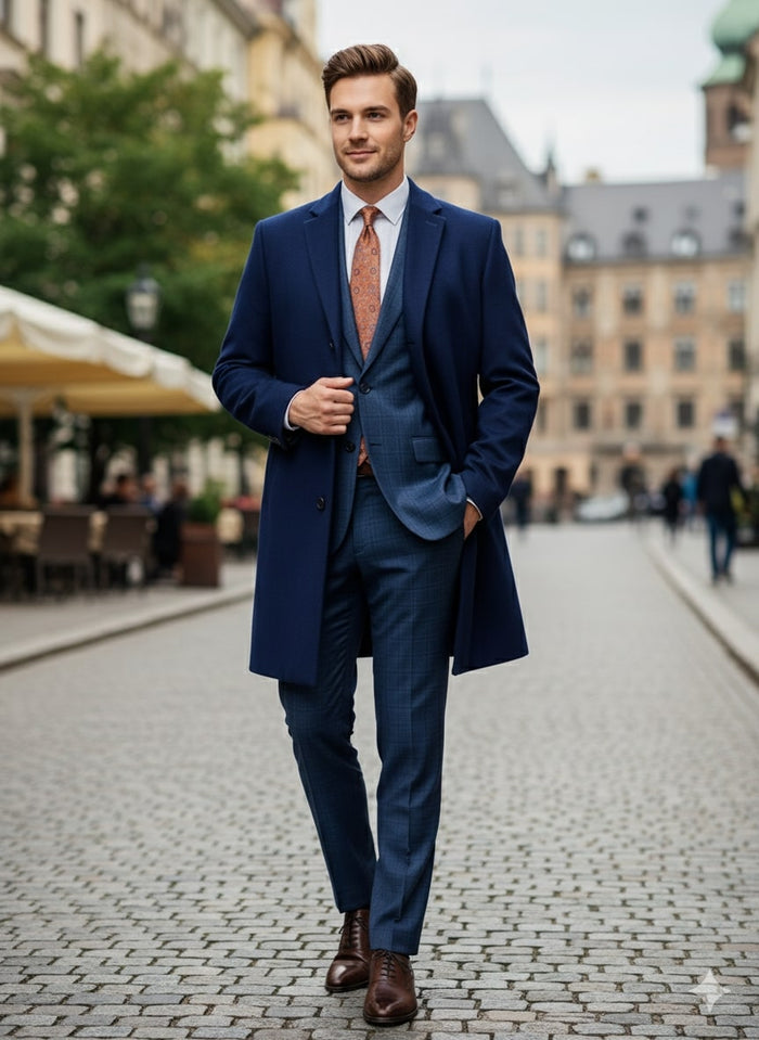 Mens Cobalt Blue Wool and Cashmere Car Coat Overcoat – Classic Winter Topcoat for Indigo Sapphire Color (light Navy Dark Royal)