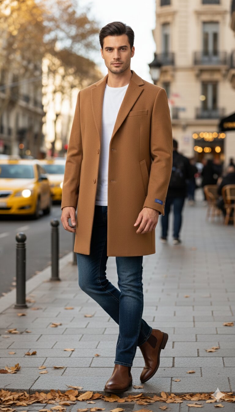 Men’s Camel Brown Wool Top Coat – Classic Long Overcoat for Formal and Casual Wear in rust copper