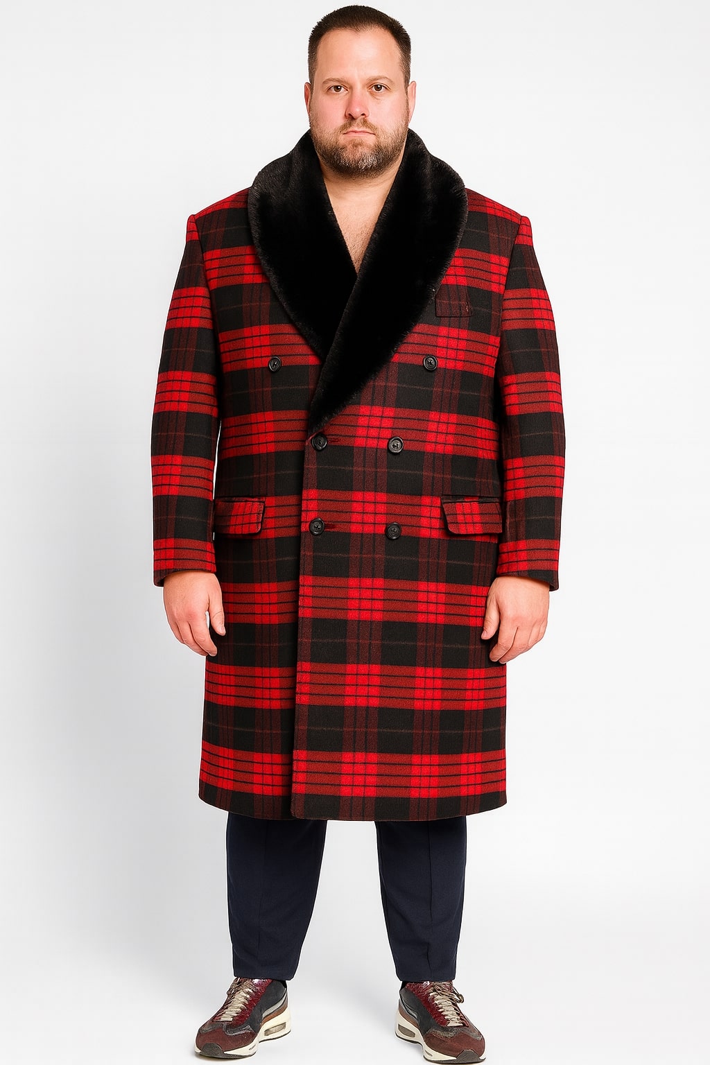 Mens Red and Black Plaid Wool Overcoat with Black Faux Fur Shawl Collar – Double-Breasted Winter Coat - Tartan Design