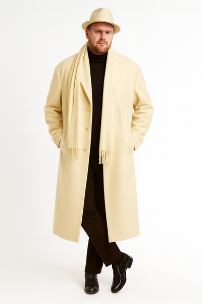 Men’s Long Cream Overcoat Wool Fabric in Ivory Off White Color Full length 1   - from alligatorwarehouse.com