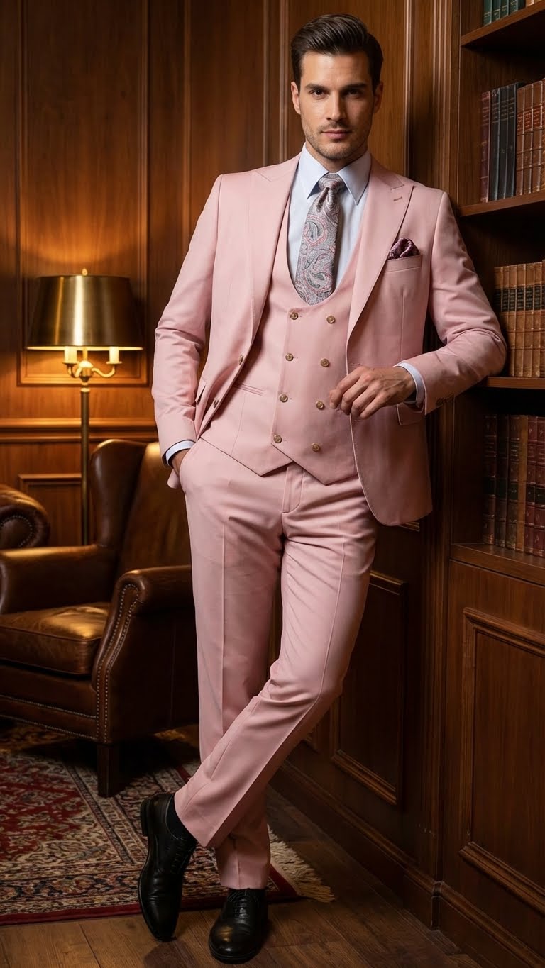 Men’s Blush Pink and Gold Three-Piece Suit – Tailored Fit Formal Wedding, Vested Suit By Rossiman
