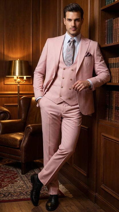 Men’s Blush Pink and Gold Three-Piece Suit – Tailored Fit Formal Wedding, Vested Suit By Rossiman