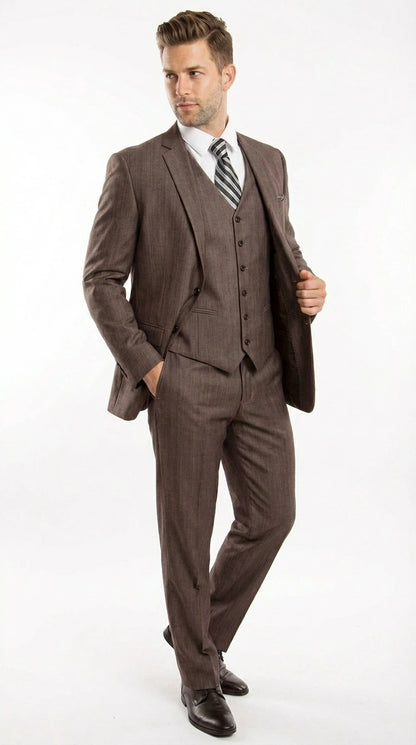 Men’s Brown Sharkskin 3 Piece Suit – Textured Two Button Vested Business Formal Suit for Wedding, Party Wear Vested