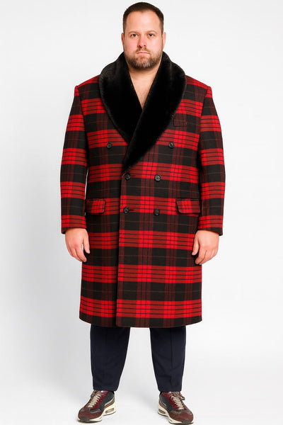 Mens Red and Black Plaid Wool Overcoat with Black Faux Fur Shawl Collar – Double-Breasted Winter Coat - Tartan Designs 5   - from alligatorwarehouse.com