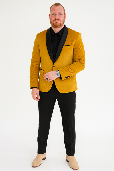Men’s Mustard Gold Velvet Tuxedo Jacket – Slim Fit Dinner Blazer with Black Satin Shawl Lapel + Free Black Pants & Bowtie 6   - from alligatorwarehouse.com