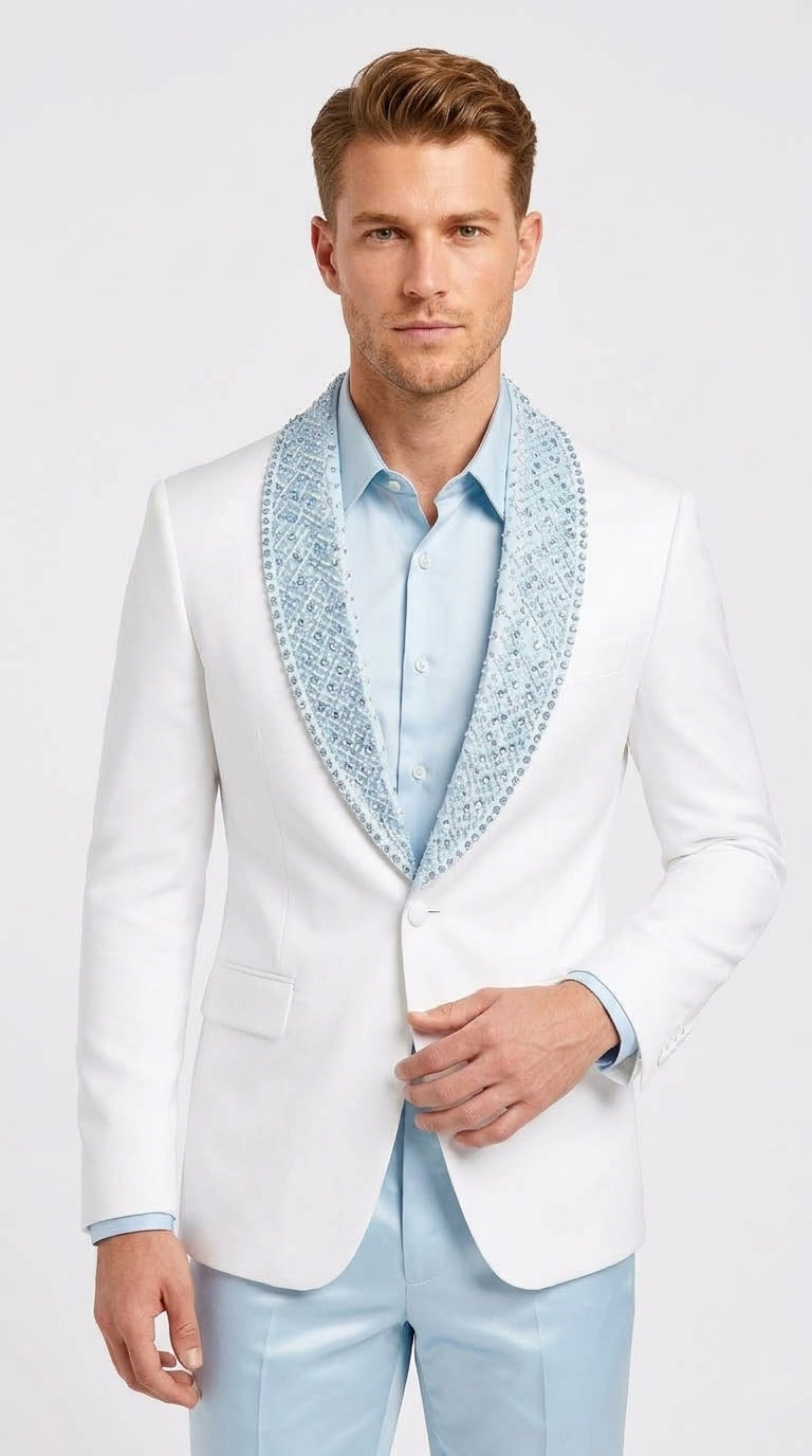 Men’s White & Sky Blue Tuxedo Suit with Embellished Shawl Lapel – Prom & Wedding in light baby poweder blue color