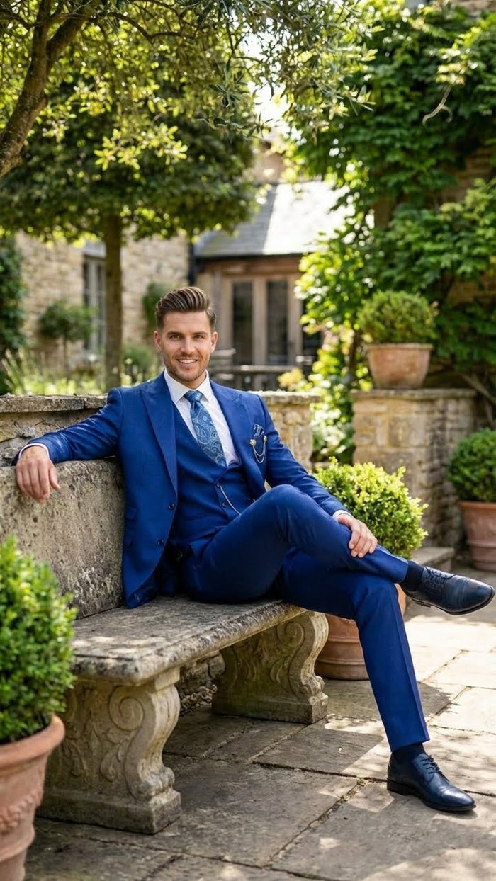 Men’s Royal Blue 3 Piece Suit Set with Vest – Formal Wedding and Party Wear Suit - Saphire Cobalt blue