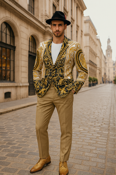 Men’s Black and Gold Baroque Blazer with Matching Pants, Hat, and Shoes – Luxury Party and Wedding Outfit Set 9   - from alligatorwarehouse.com