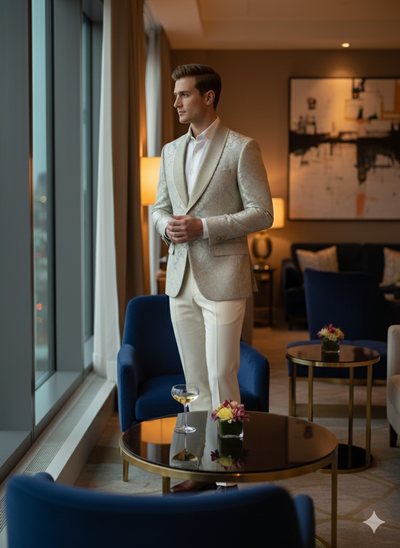 Men’s Champaign Silver and Cream Embroidered Luxury Blazer – Floral Pattern Wedding & Party Dinner Jacket in Light Tan Color 5   - from alligatorwarehouse.com