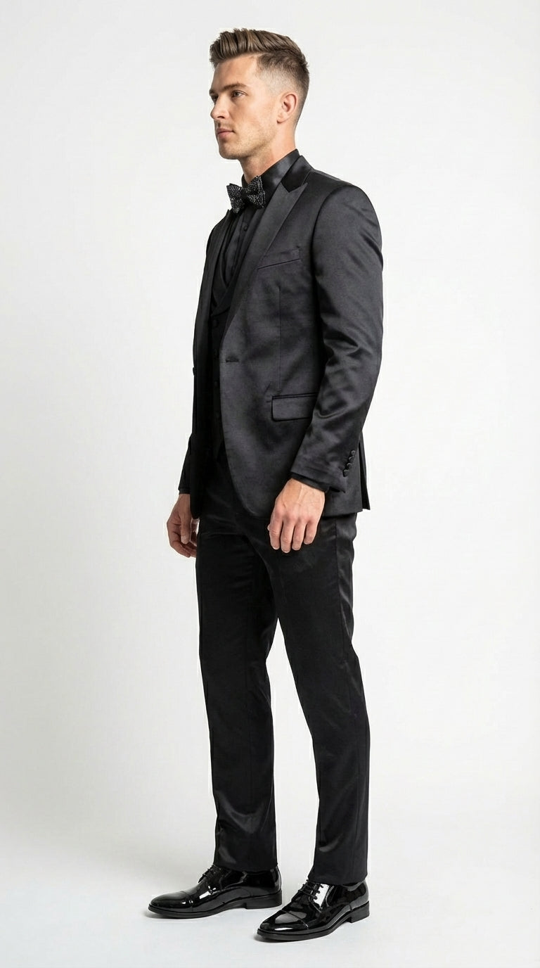 Men’s All Shiny Black Satin Suit – Black Satin Tuxedo Suit for Prom, Wedding, Formal Party and Evening Events Double breasted Vest