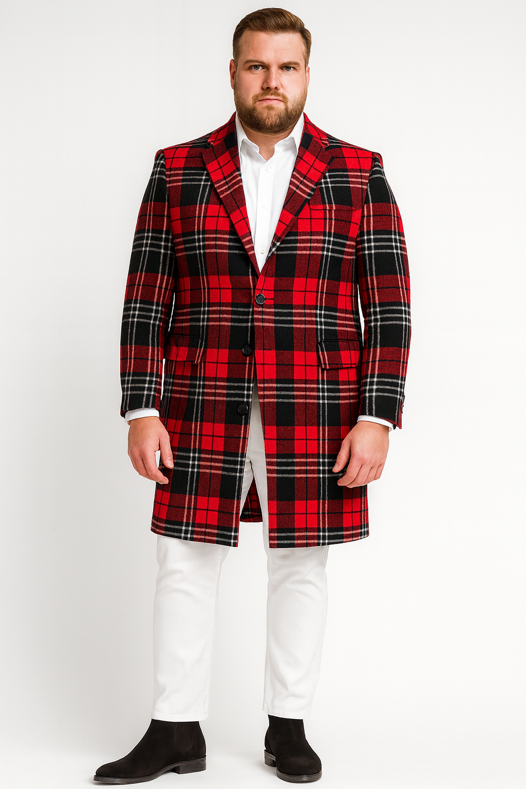 Men’s Red Plaid Wool Overcoat – Classic Tartan Check Long Coat for Stylish Winter Wear