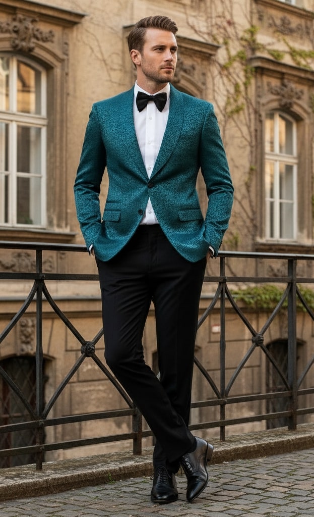 Mens Teal Blue Paisley Tuxedo Jacket – Elegant Shawl Lapel Dinner Blazer for Weddings, Prom and Formal Events - Greenish Blue 5   - from alligatorwarehouse.com