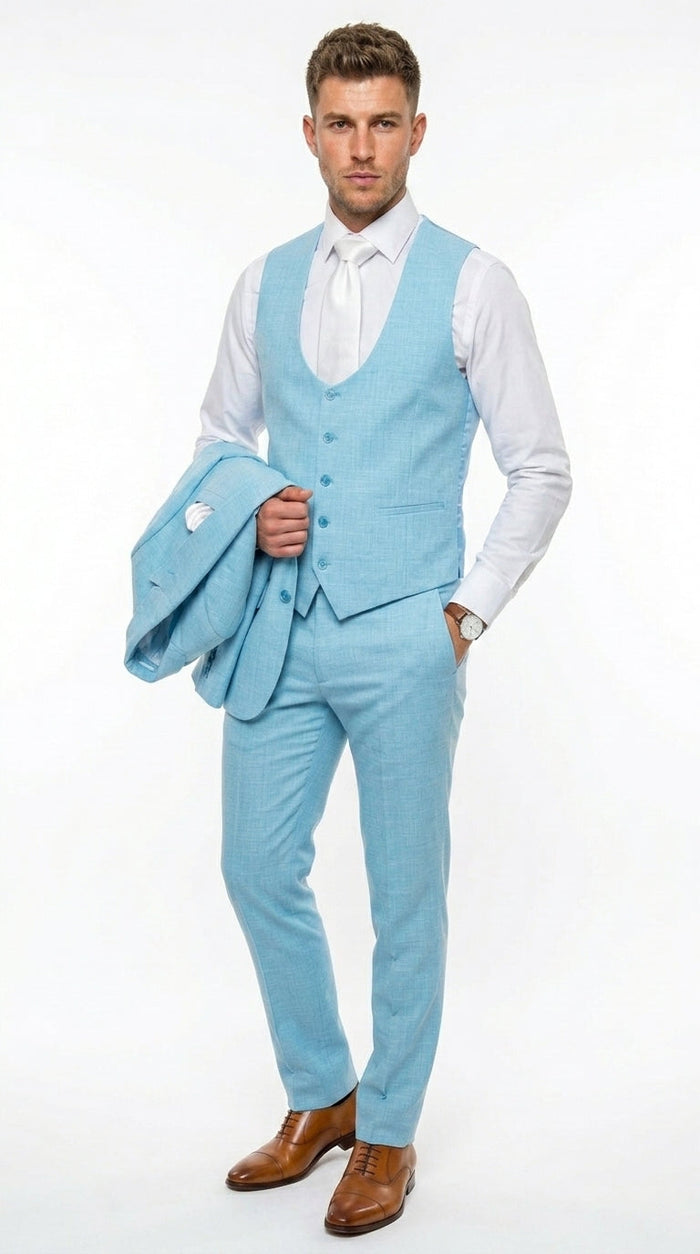 Men’s Turquoise Light blue Suit, Vested Formal Dress Suit for Weddings, Prom, Summer Parties, and Special Occasions in Aqua Blue Color By Rossiman