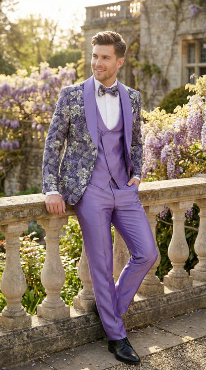 Men’s Purple Floral Prom Suit with Shawl Lapel – Luxury Formal Tuxedo Outfit for Prom, Wedding and Special Events