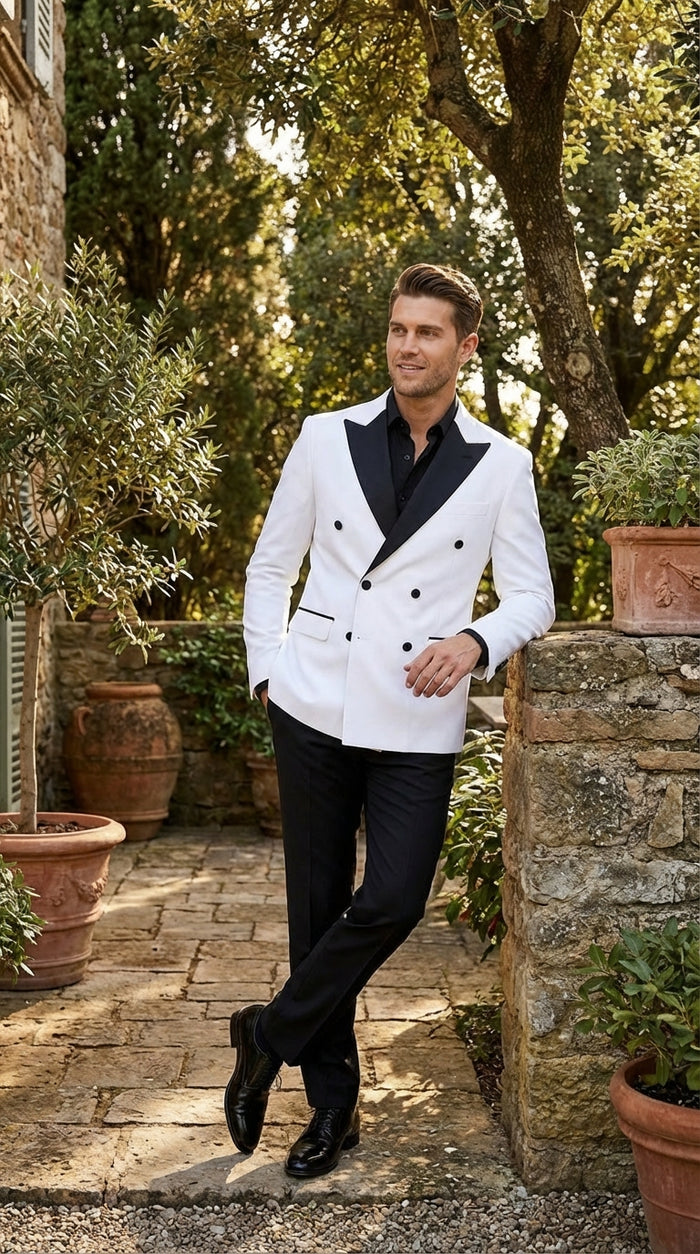 Men’s White Double Breasted Blazer Tuxedo Dinner Jacket with Black Satin Lapel White and Black Color