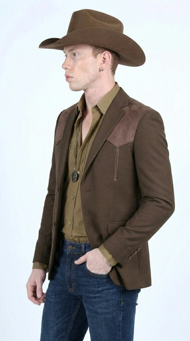 Men’s Dark Brown Western Blazer with Suede Yokes, Cowboy Sport Coat for Ranch Wedding and Country Events