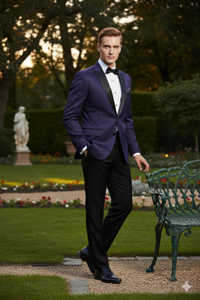 Men’s Purple Paisley Tuxedo Jacket – Ultra Slim Fit Dinner Blazer with Black Satin Peak Lapel 5   - from alligatorwarehouse.com