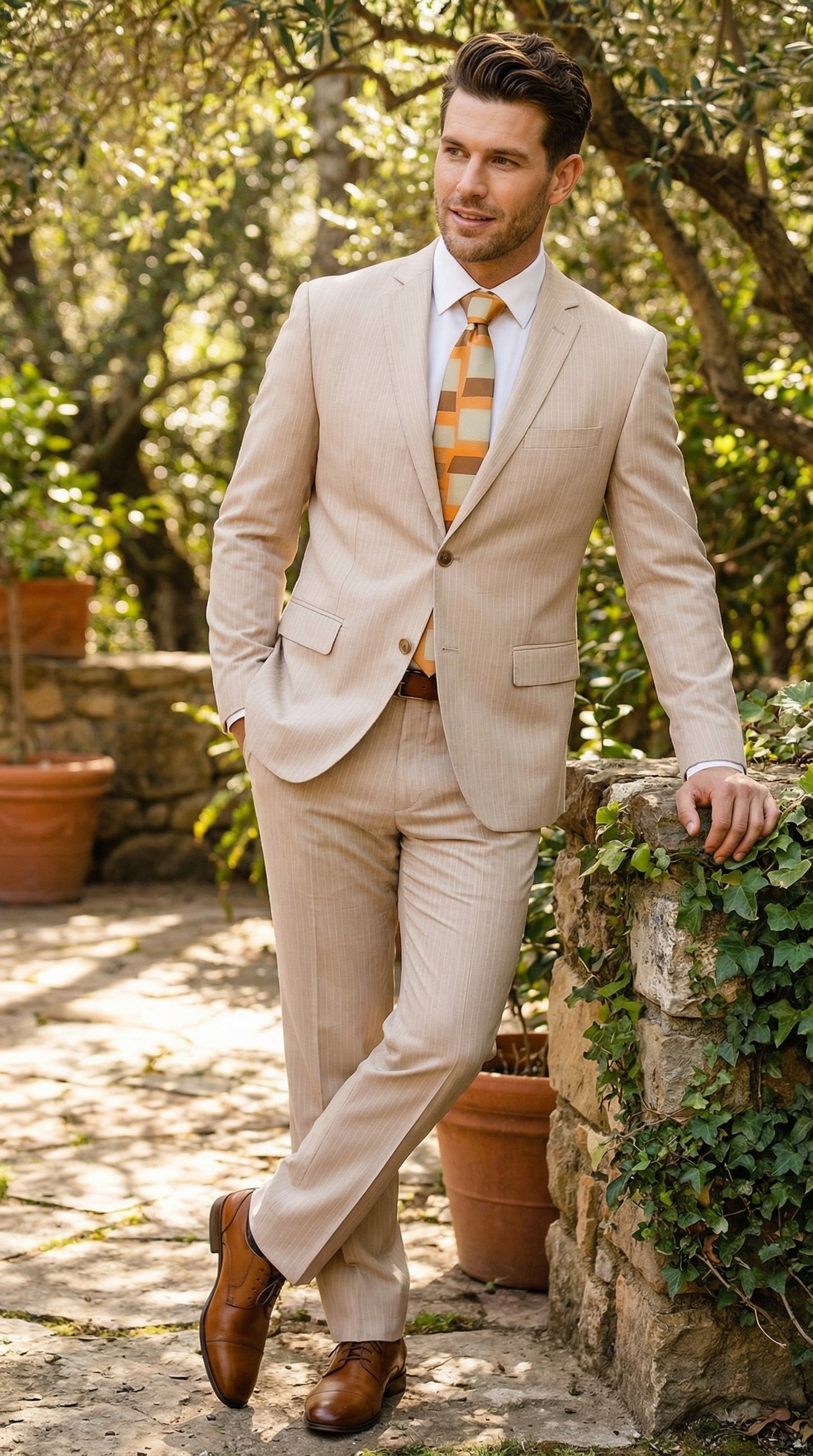 Vitali Men’s Natural Beige Pinstripe Suit – Summer Tan Pinstripe  Weddings and Business Wear