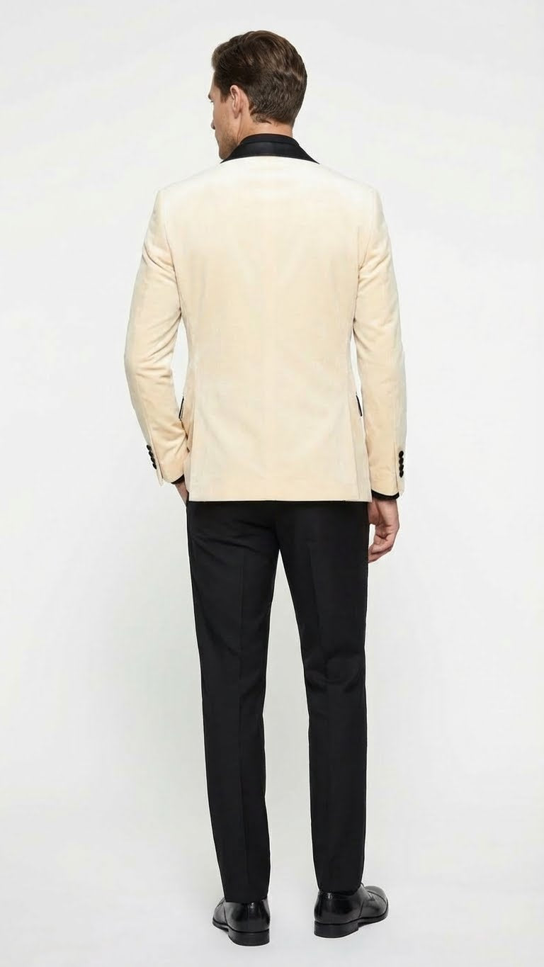 Men’s Ivory Dinner Jacket - Cream Velvet Blazer with Black Satin Lapel | Wedding and Party Formal Sport Coat in off white
