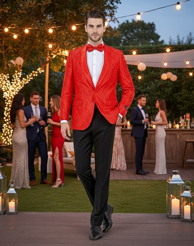 Big and Tall Mens Red Paisley Tuxedo Jacket – Satin Shawl Lapel Blazer with Bow Tie - Christmas Jacket 5   - from alligatorwarehouse.com