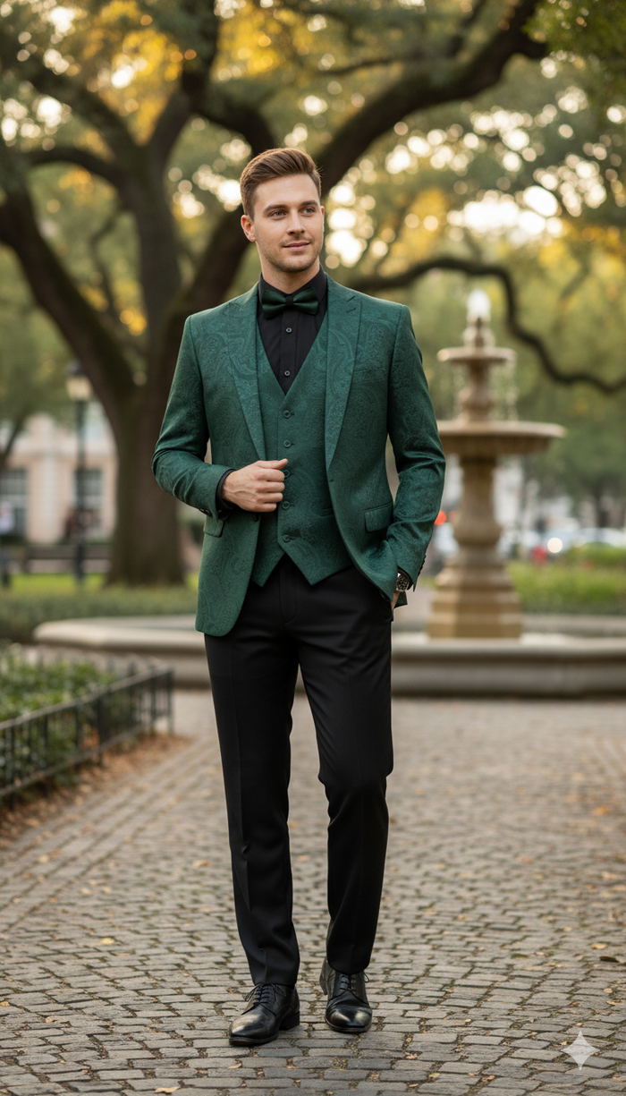 Men’s Emerald Green Paisley Tuxedo 3-Piece Suit – Slim Fit Formal Blazer, Vest, and Pants for Weddings, Proms