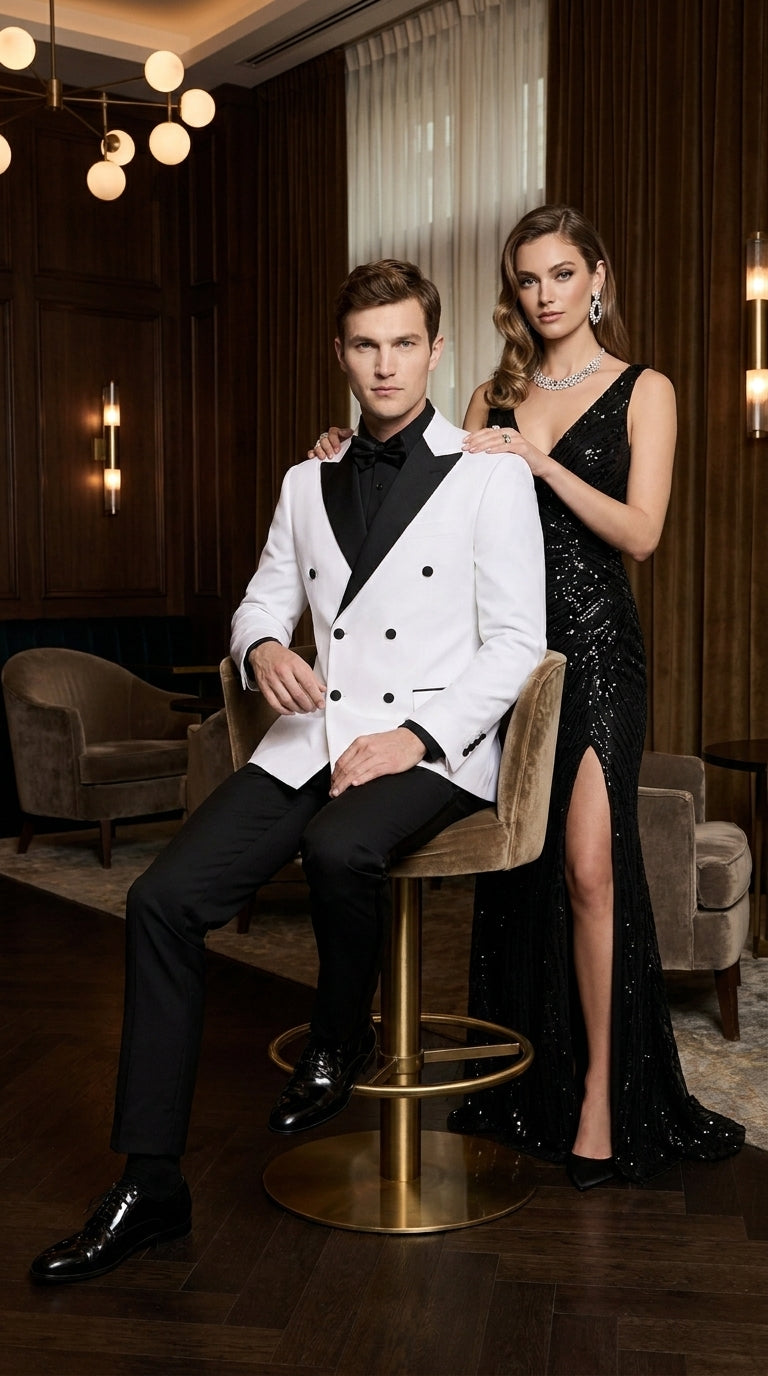 Men's White Double Breasted Tuxedo Dinner Jacket with Black Satin Peak Lapel – Formal Wedding Prom Blazer