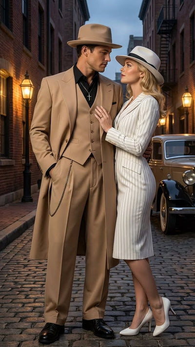 Men’s 1920s Beige Zoot Suit – Long Mafia Gangster Three-Piece Suit in Tan Khaki Color 40 inch Zuit Pachuco Suit 5   - from alligatorwarehouse.com