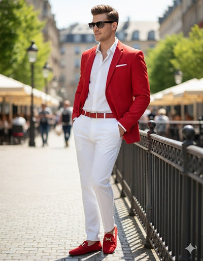 Mens Red Blazer and White Pants Set – Stylish Casual Dress Outfit For New Year Holiday and Christmas Suit 5   - from alligatorwarehouse.com