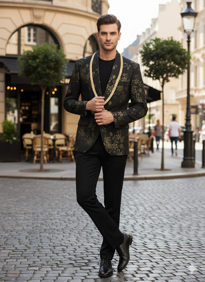 Men’s Black and Gold Embroidered Luxury Blazer – Designer Floral Pattern Wedding & Party Jacket (Sim534) 5   - from alligatorwarehouse.com