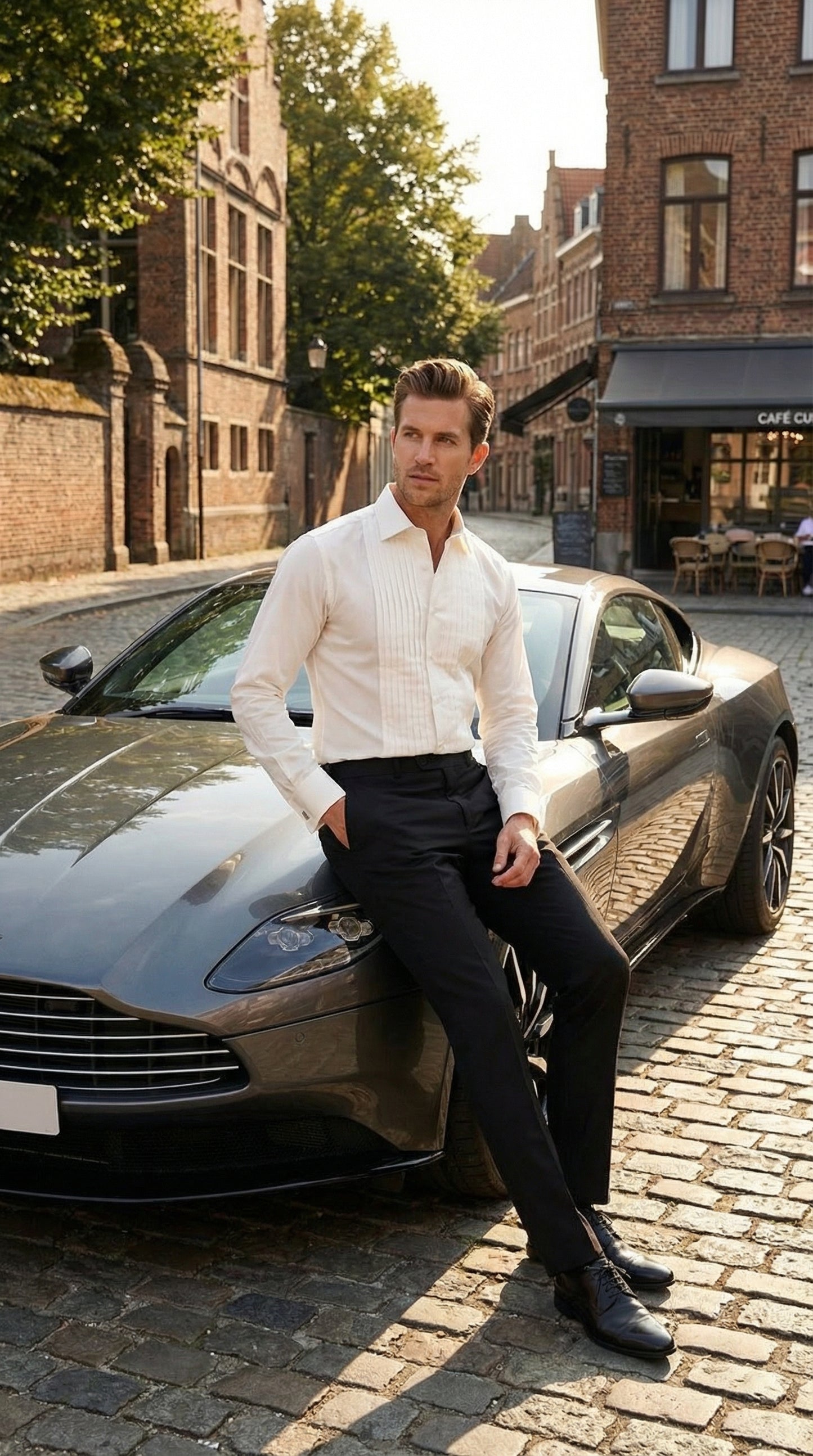 Men’s Ivory Cream Off White  Pleated Tuxedo Dress Shirt | French Cuff Formal Wedding Shirt