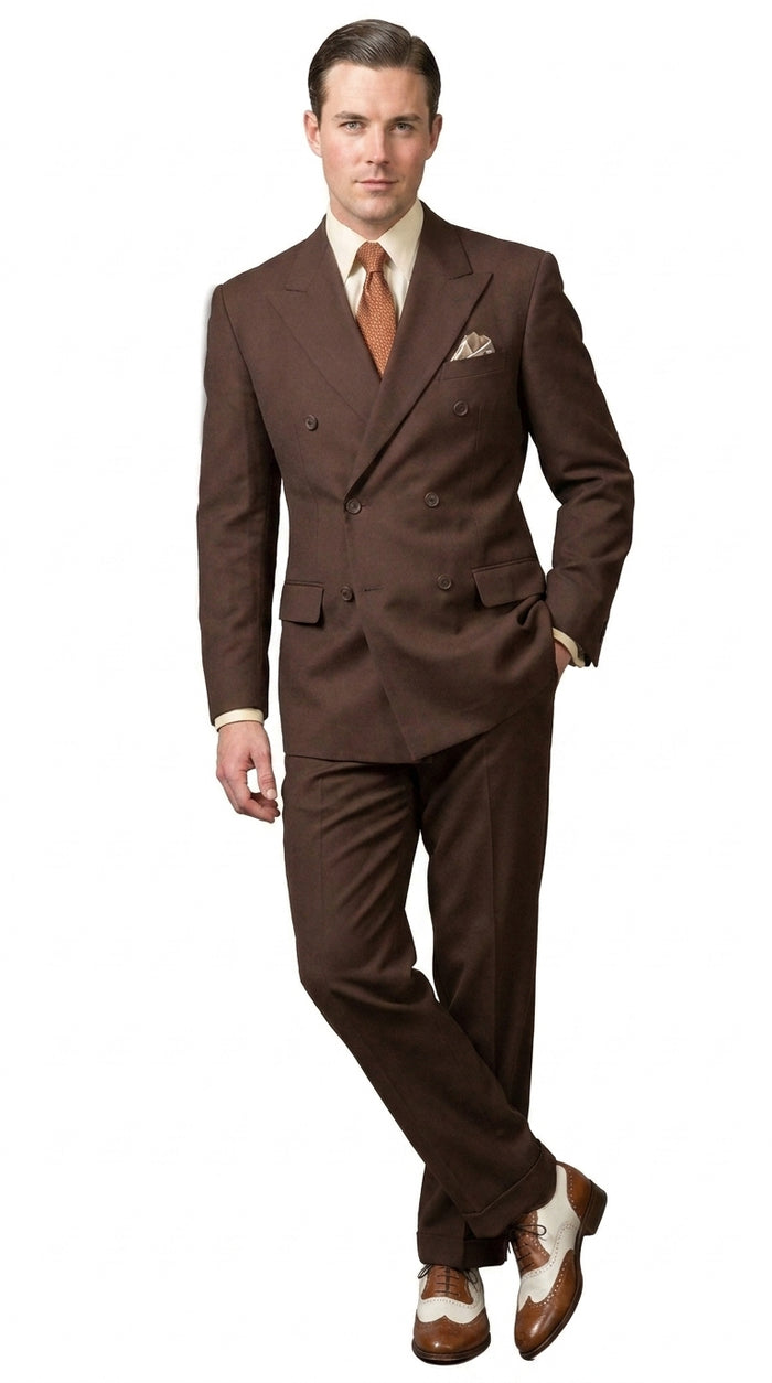 Men’s Brown Vintage Double Breasted Suit, Classic 1940s Style Formal Wedding Business Suit Set