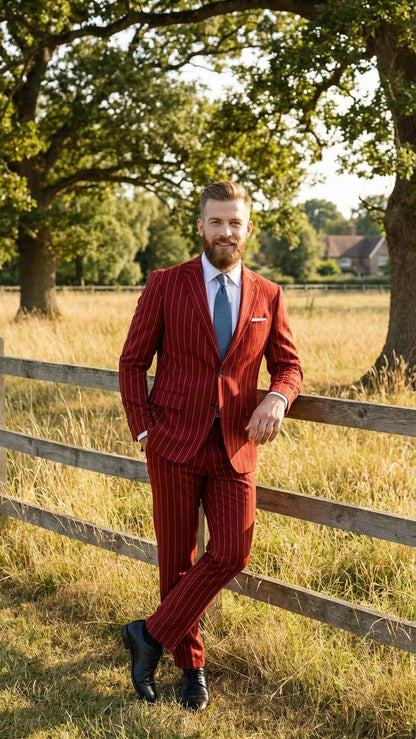 Men’s Red Pinstripe Suit – Stripe Two-Button Vested Suit 2 Buttons